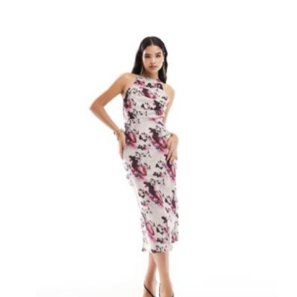 ASOS Pink and White Halter Sheath Midi Dress